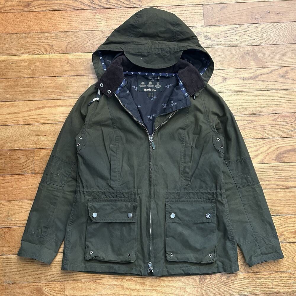Barbour Chock Waxed Hooded Parka Corduroy Collar 2 Way Full Zip Jacket Womens 8
